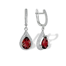 Garnet and CZ Teardrop Leverback Earrings. 585 (14kt) White Gold, 'Empress' Series