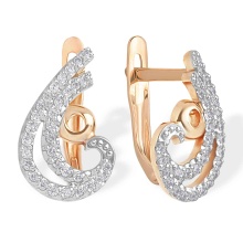 CZ Paisley-Shaped Earrings. 585 (14kt) Rose Gold, Rhodium Detailing