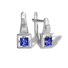 Princess Sapphire and Diamond Earrings. 585 (14K) White Gold