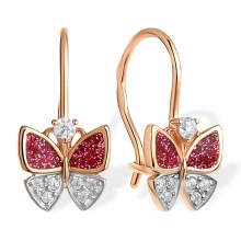 CZ and Enamel Butterfly Children's Earrings. 585 (14kt) Rose Gold, Rhodium Detailing