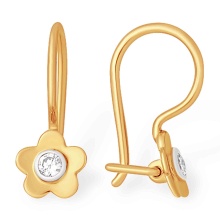 Colorless CZ Flower Kids' Earwire Earrings. Certified 585 (14kt) Rose Gold, Rhodium Detailing