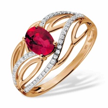Ring with Hot Ruby and 45 Diamonds. Hypoallergenic 585 Rose Gold, Rhodium Detailing