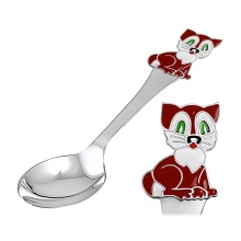 Child Silver Spoon 'a Brown Kitten and Clock'. Hypoallergenic 925/999 Silver, Hot Enamel