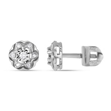 Diamond Floral-inspired Stud Earrings. Certified 585 (14kt) White Gold, Screw Backs