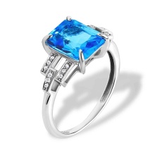 Emerald-cut Blue Topaz and Diamond Ring. 585 (14kt) White Gold