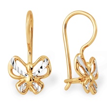 Diamond-cut Butterfly Kids' Earwire Earrings. Certified 585 (14kt) Rose Gold, Rhodium Detailing