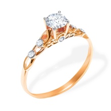 Art Nouveau Style Ring with Austrian CZs. Certified 585 (14kt) Rose Gold, Rhodium Detailing