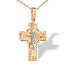 Orthodox Crucifix Pendant with St. Nicholas Icon. Reversible Cross in 585 Rose and White Gold