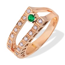 Designer Gallery Ring with Emerald and Diamonds. Hypoallergenic Cadmium-free 585 (14K) Rose Gold