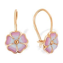 Enamel 'Peony Flower' Children's Earrings. Certified 585 (14kt) Rose Gold, Pink Enamel