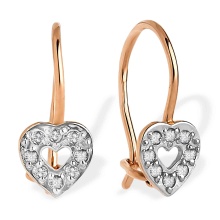 Colorless CZ Double Heart Earrings for Kids. 585 (14kt) Rose Gold, Rhodium Detailing