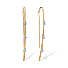 Threader Earrings with Hanging Blue Topazes. Hypoallergenic 585 Rose Gold, Rhodium Detailing