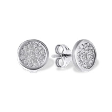 Pave CZ Circle Stud Earrings. Certified 585 (14kt) White Gold, Friction Backs