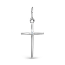 Austere Protestant Cross with a Tiny Diamond. Certified 585 (14kt) White Gold, Rhodium Finish