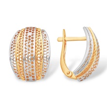 Golden Honeycomb Leverback Earrings. Certified 585 (14kt) Rose Gold, Rhodium Detailing