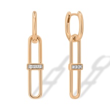 Trendy Paperclip-inspired Diamond Earrings. Hypoallergenic 585 Rose Gold, Rhodium Detailing