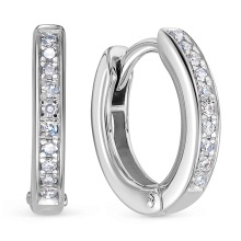 20 Diamonds Half-Eternity Huggie Earrings. Certified 585 (14kt) White Gold, Rhodium Finish