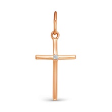 Austere Protestant Cross with a Tiny Diamond. Certified 585 (14kt) Rose Gold, Rhodium Detailing