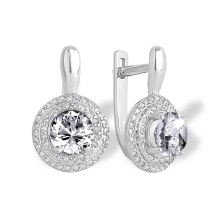 Genuine Topaz in Double Diamond Halo Earrings. Certified 585 (14kt) White Gold, Rhodium Finish