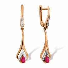 Diamond and Pear-shaped Ruby Dangle Earrings. Hypoallergenic 585 Rose Gold, Rhodium Detailing