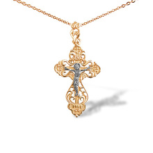 Orthodox Crucifix Two Tone Gold Pendant. 585 (14kt) Rose and White Gold