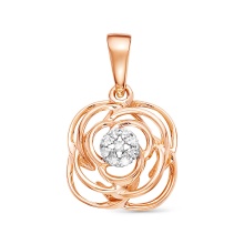 Elaborately Woven Pendant with Elevated Diamonds. Certified 585 (14kt) Rose Gold, Rhodium Detailing