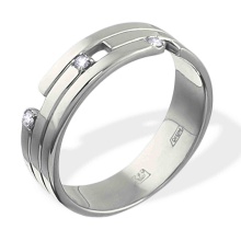 Three Diamond Wedding Band 6mm Wide. Certified 585 (14kt) White Gold