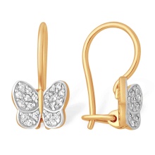 40 CZs Butterfly Kids' Earwire Earrings. Certified 585 (14kt) Rose Gold, Rhodium Detailing