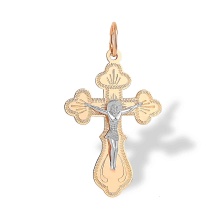 Finely Detailed Orthodox Cross Pendant. 585 (14kt) Rose and White Gold