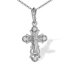 CZ Orthodox Cross for Her. Certified 585 (14kt) White Gold, Rhodium Finish