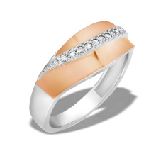Curved Bimetal Ring with CZ Strip. 925 Silver Sintered with 585 Rose Gold