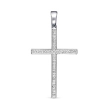 Protestant Cross Pendant with 32 Pave Diamonds. Certified 585 (14kt) White Gold, Rhodium Finish