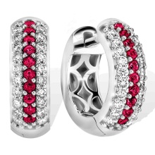 Diamond and Ruby Striped Huggie Earrings. Tested 585 (14K) White Gold, Rhodium Finish