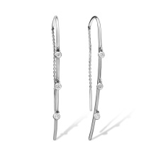 White Gold Threader Earrings with Hanging Diamonds. Tested 585 (14K) White Gold, Rhodium Finish