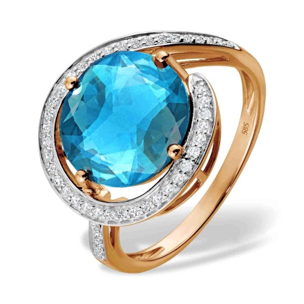 Feast-Worthy Blue Topaz and Diamond Ring. Hypoallergenic Cadmium-free 585 (14K) Rose Gold
