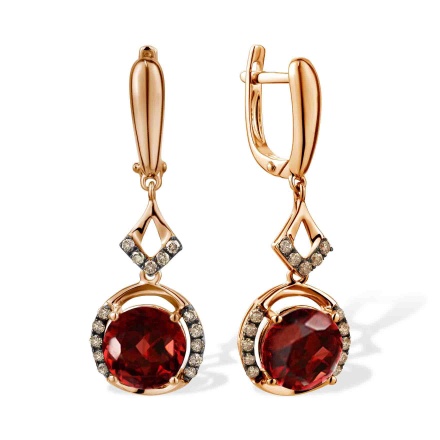 Dangle Earrings of Garnet and Champagne Diamonds. Hypoallergenic 585 (14K) Rose Gold, Black Rhodium