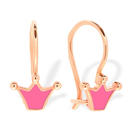 'Crowning Glory' Kids' Earrings with Pink Enamel. Certified 585 (14kt) Rose Gold, Earwire Backs
