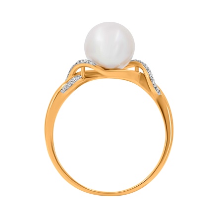 Ring with 8mm Cultured Pearl and 28 Diamonds. Hypoallergenic 585 Rose Gold, Rhodium Detailing. View 4