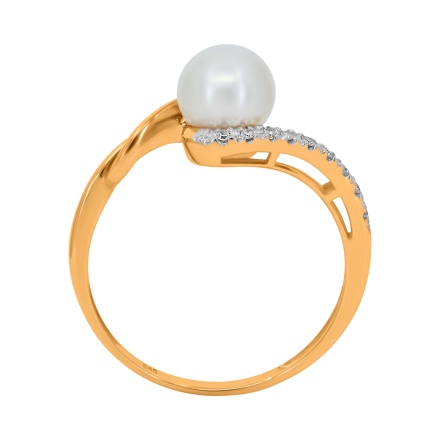 Ring with 7mm Cultured Pearl and 9 Diamonds. Hypoallergenic 585 Rose Gold, Rhodium Detailing. View 5
