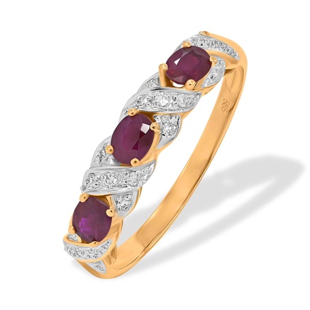Ring with 10 Diamonds and 3 Oval-cut Rubies. Hypoallergenic 585 Rose Gold, Rhodium Detailing