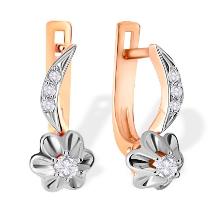 Antique Style Rose Bud Diamond Earrings. Certified 585 (14kt) Rose and White Gold