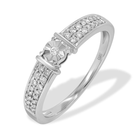 Popular On-trend Engagement Ring with 33 Diamonds. Tested 585 (14K) White Gold, Rhodium Finish