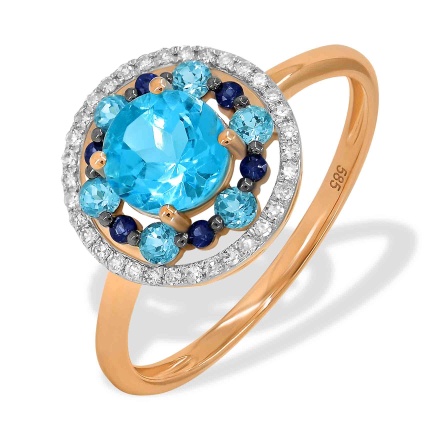 Dreamy Blue Topaz, Sapphire and Diamond Ring. 585 (14Kt) Rose Gold, White and Black Rhodium