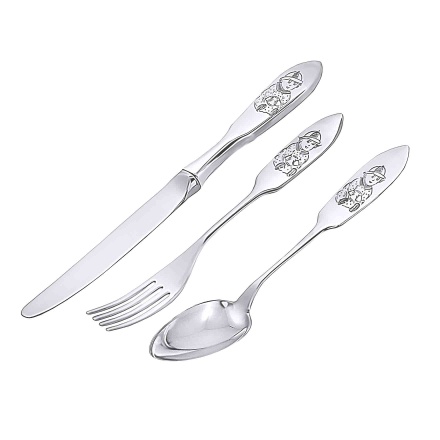 Child Silver Cutlery Set a 'Seated Boy'. Antimicrobial 830/999 Silver, Stainless Steel
