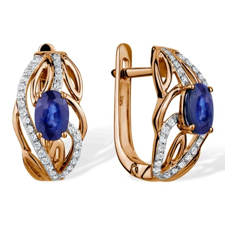 Respectable Earrings with Sapphires and Diamonds. Hypoallergenic 585 Rose Gold, Rhodium Detailing