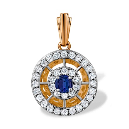 Pendant Featuring Sapphire and 34 Diamonds. Tested 585 (14K) Rose and White Gold