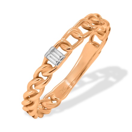 Chainlink-inspired Ring with 2 Baguette Diamonds. Hypoallergenic Cadmium-free 585 (14K) Rose Gold