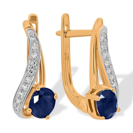 Earrings Featuring 2 Sapphires and 20 Diamonds. Hypoallergenic 585 Rose Gold, Rhodium Detailing