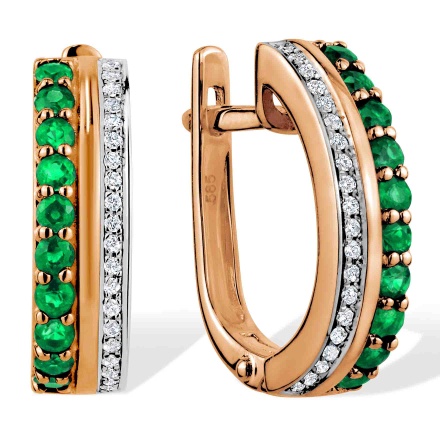 Glamorous Gold Earrings with Emeralds and Diamonds. Hypoallergenic 585 Rose Gold, Rhodium Detailing