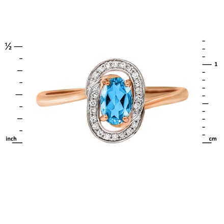 Pure Classic Ring with Blue Topaz and Diamonds. Hypoallergenic 585 Rose Gold, Rhodium Detailing. View 2